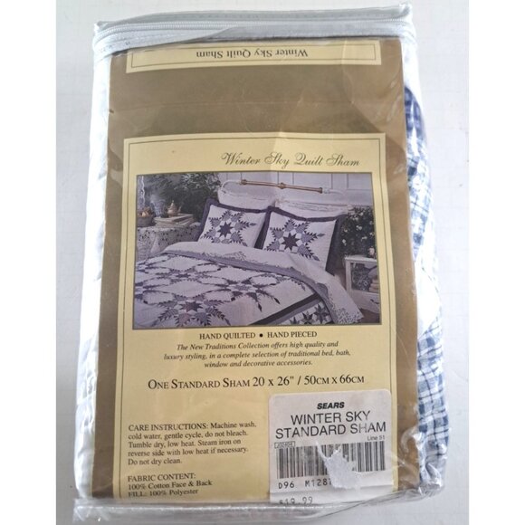 NEW Quilted Pillow Sham Winter Sky Blue White Hand Pieced Star Standard Sears - Picture 2 of 5